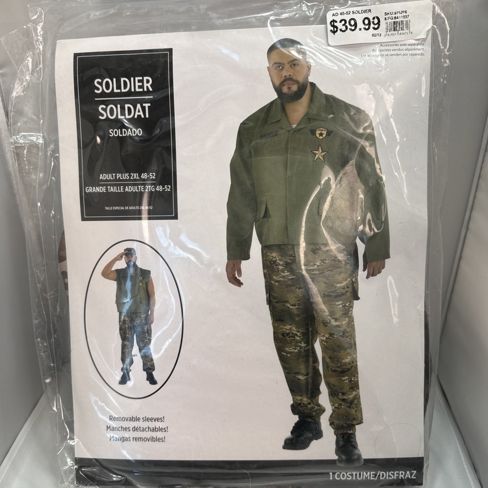 Amscan Soldier Costume Military Jacket Pants Removable Sleeves Mens 2XL 48-52